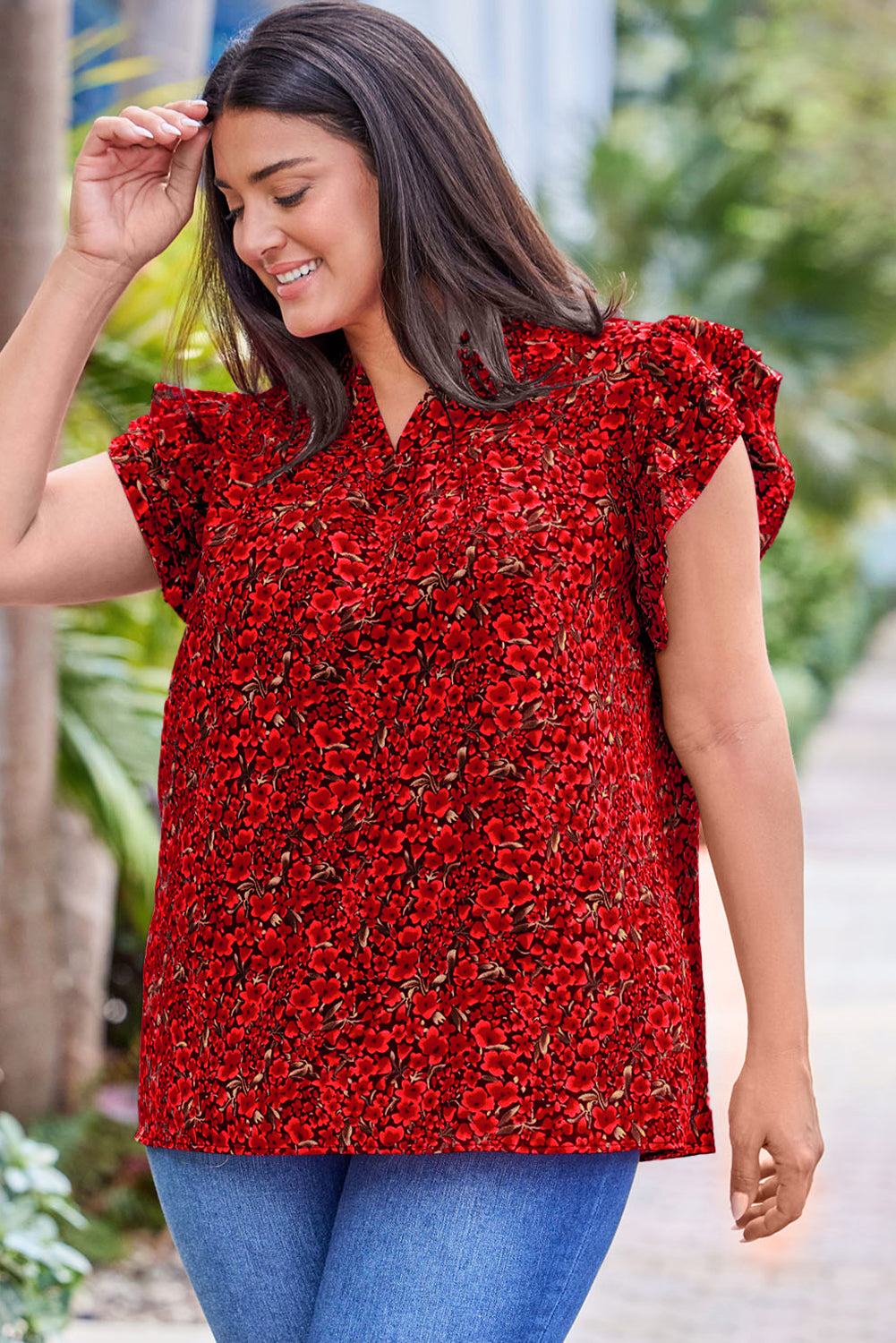 Fiery Red Rose Floral Print Ruffle Sleeve Plus Size Shift Top Plus Size Blouses & Shirts JT's Designer Fashion