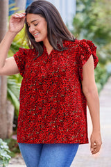 Fiery Red Rose Floral Print Ruffle Sleeve Plus Size Shift Top Plus Size Blouses & Shirts JT's Designer Fashion