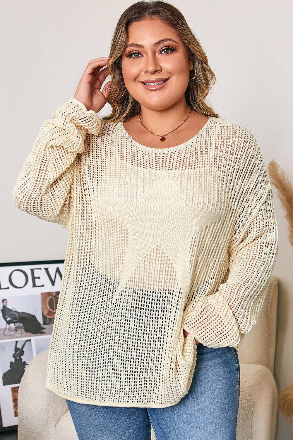 Parchment Hollow Out Knit Star Pattern Accent Plus Size Jumper Parchment 100%Acrylic Plus Size Sweaters & Cardigans JT's Designer Fashion
