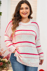 Pink Stripe Drop Shoulder Side Split Plus Size Sweater Pink Stripe 60%Cotton+40%Acrylic Plus Size Sweaters & Cardigans JT's Designer Fashion