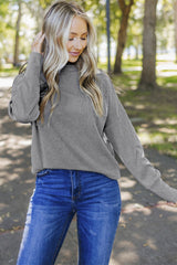 Gray Ribbed Zip Knit Top Long Sleeve Tops JT's Designer Fashion