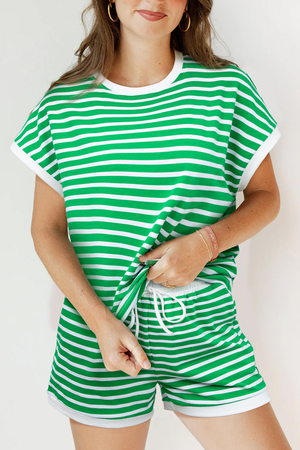 Dark Green Striped Cap Sleeve Tee and Shorts Set Dark Green 95%Cotton+5%Elastane Short Sets JT's Designer Fashion
