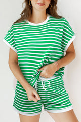 Dark Green Striped Cap Sleeve Tee and Shorts Set Dark Green 95%Cotton+5%Elastane Short Sets JT's Designer Fashion