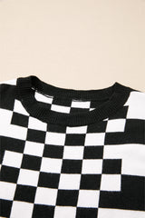 Black Checkered Print Drop Shoulder Round Neck Sweater Sweaters JT's Designer Fashion