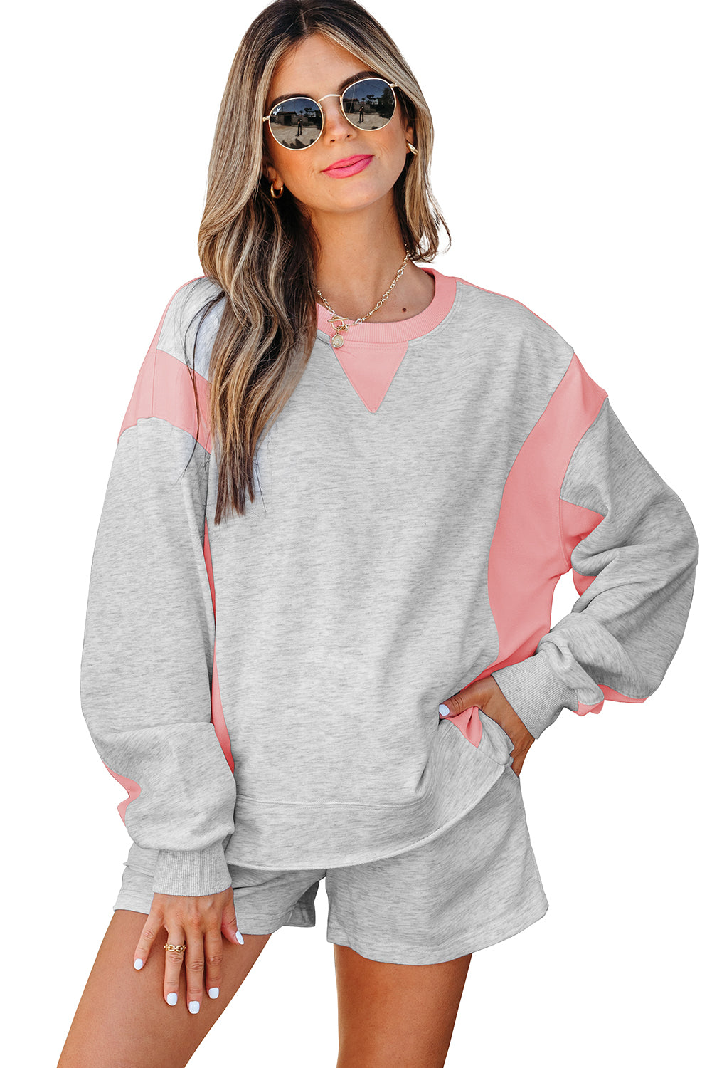 Light Grey Color Block Raw Hem Pullover and Casual Shorts Set Short Sets JT's Designer Fashion