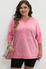 Strawberry Pink Mineral Wash Drop Sleeve Patchwork Plus Tee Plus Size JT's Designer Fashion