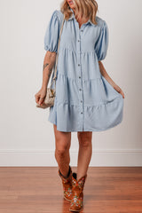 Beau Blue Shirt Collar Button Up Short Puff Sleeve Tiered Shift Dress Mini Dresses JT's Designer Fashion