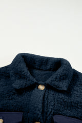 Blue Contrast Flap Pocket Single Breasted Teddy Coat Coats JT's Designer Fashion