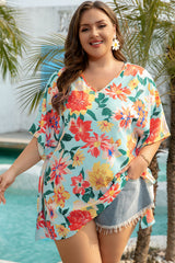 Sky Blue Plus Size Floral Print V Neck Batwing Sleeve Blouse Sky Blue 100%Polyester Plus Size Blouses & Shirts JT's Designer Fashion