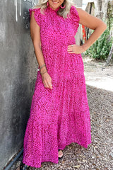 Rose Red Leopard Print Ruffled Trim Tiered Long Dress Rose Red 100%Polyester Maxi Dresses JT's Designer Fashion