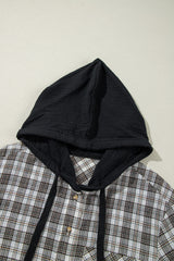 Black Checkered Print Loose Fit Buttoned Hooded Shacket Plaid Shackets JT's Designer Fashion