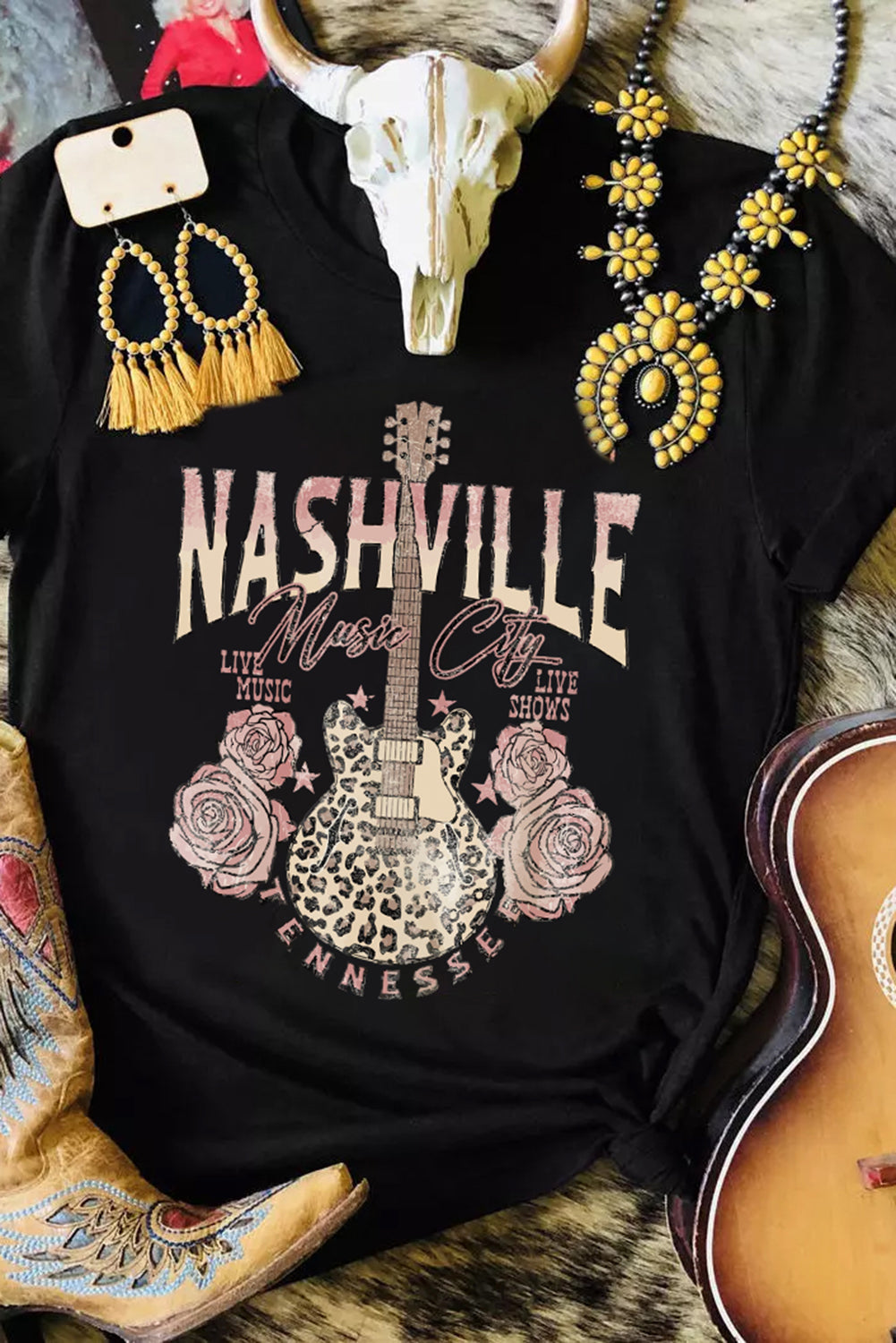 Black Nashville Music City Leopard Guitar Graphic T Shirt Black 95%Polyester+5%Elastane Graphic Tees JT's Designer Fashion