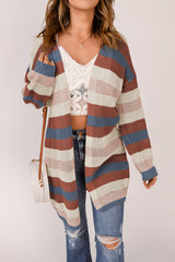 Blue Striped Color Block Hollowed Knit Cardigan Sweaters & Cardigans JT's Designer Fashion