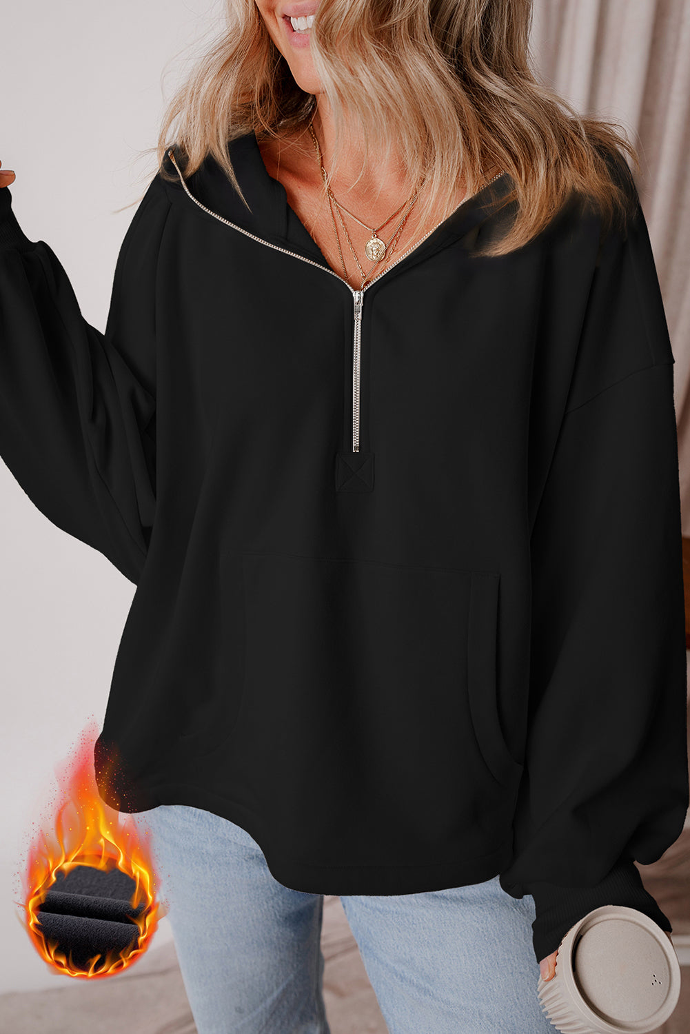 Black Fleece Lined Half Zipper Kangaroo Pockets Loose Hoodie Sweatshirts & Hoodies JT's Designer Fashion