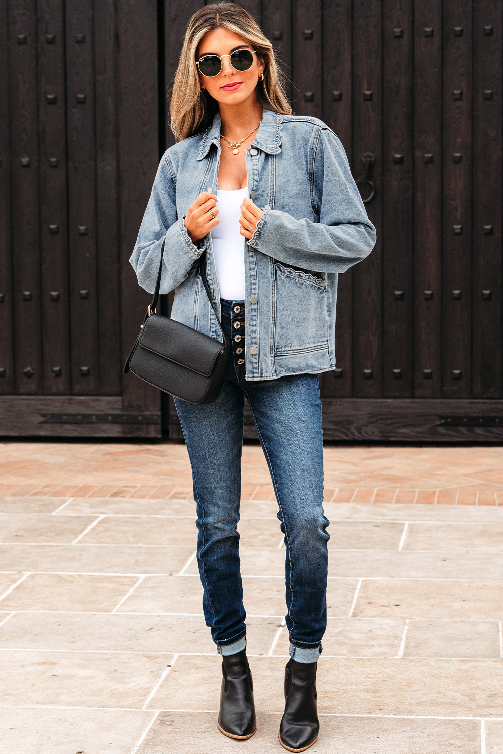 Myosotis Scallop Trim Collar Patched Pocket Button Up Denim Jacket Denim Jackets JT's Designer Fashion