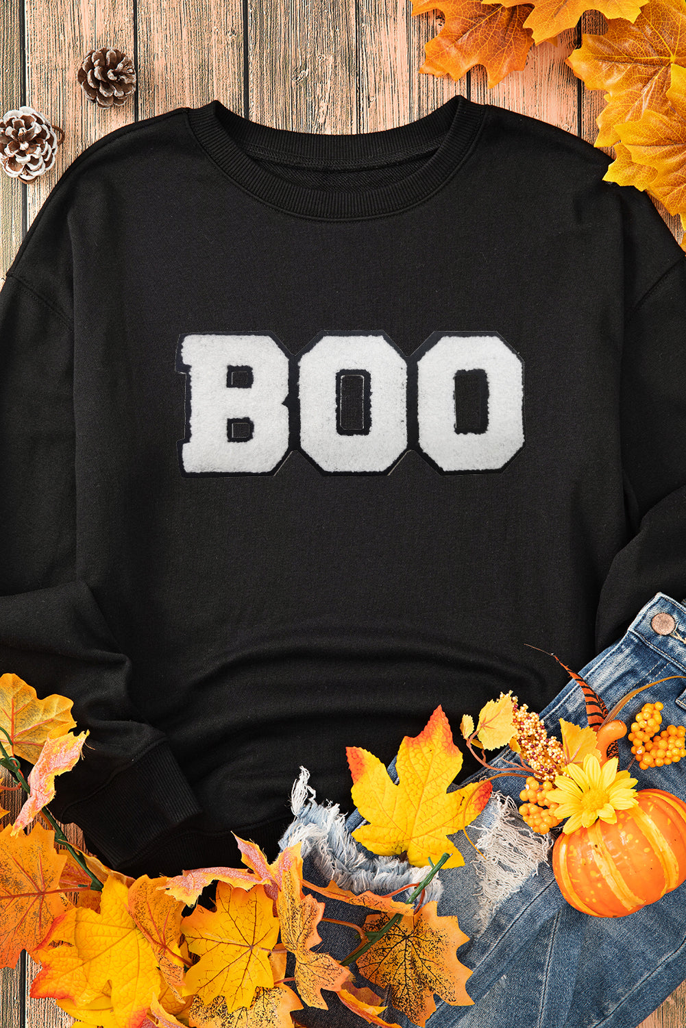 Black Chenille BOO Patched Pattern Crewneck Halloween Sweatshirt Graphic Sweatshirts JT's Designer Fashion
