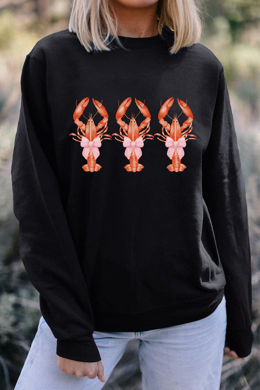 Black Cute Bow Crawfish Printed Drop Shoulder Sweatshirt Graphic Sweatshirts JT's Designer Fashion