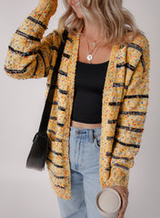 Beige Striped Pom Pom Knit Open Front Long Cardigan Cardigans JT's Designer Fashion