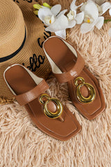 Brown Metal Rings Decor Square Toe Flat Slippers Slippers JT's Designer Fashion