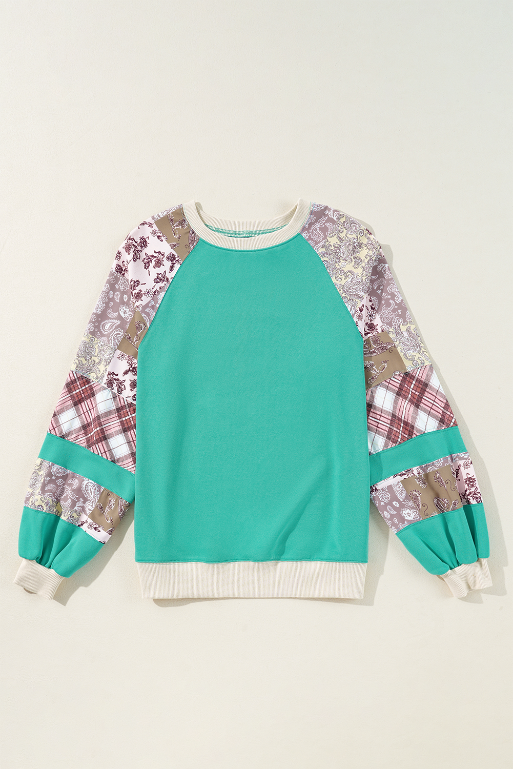 Aruba Blue Plaid Vintage Paisley Patchwork Long Sleeve Raglan Top Long Sleeve Tops JT's Designer Fashion