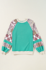 Aruba Blue Plaid Vintage Paisley Patchwork Long Sleeve Raglan Top Long Sleeve Tops JT's Designer Fashion