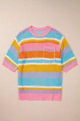 Pink Stripe Plus Size Open Knit Patch Pocket Short Sleeve Sweater Plus Size Sweaters & Cardigans JT's Designer Fashion