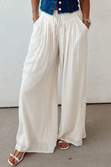 White Casual Tie Waist Pleated Wide Leg Pants Pants & Culotte JT's Designer Fashion