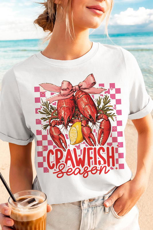 White Checkerboard Bow Crawfish Season Printed Crewneck T Shirt Graphic Tees JT's Designer Fashion