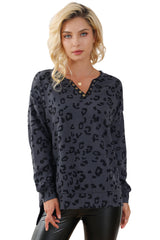 Gray Leopard Print Button Split Neck Waffle Sweatshirt Sweatshirts & Hoodies JT's Designer Fashion