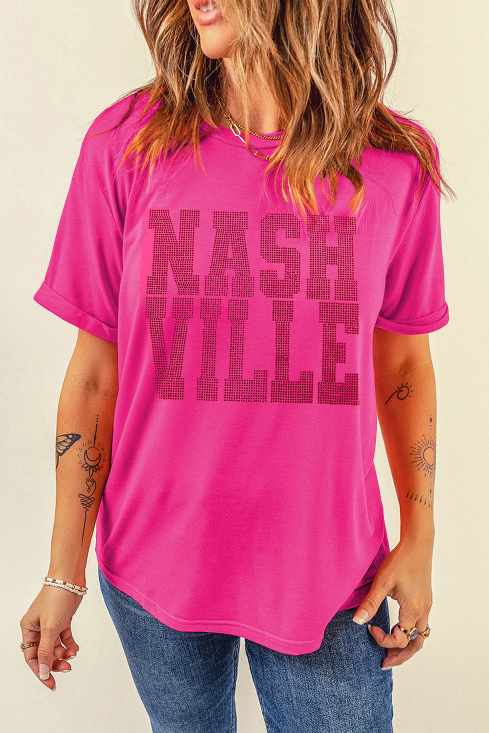 Rose Red NASHVILLE Rhinestone Crew Neck Graphic Tee Graphic Tees JT's Designer Fashion