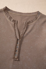 Coffee Acid Wash Waffle Knit Buttoned Neckline Long Sleeve Top Long Sleeve Tops JT's Designer Fashion