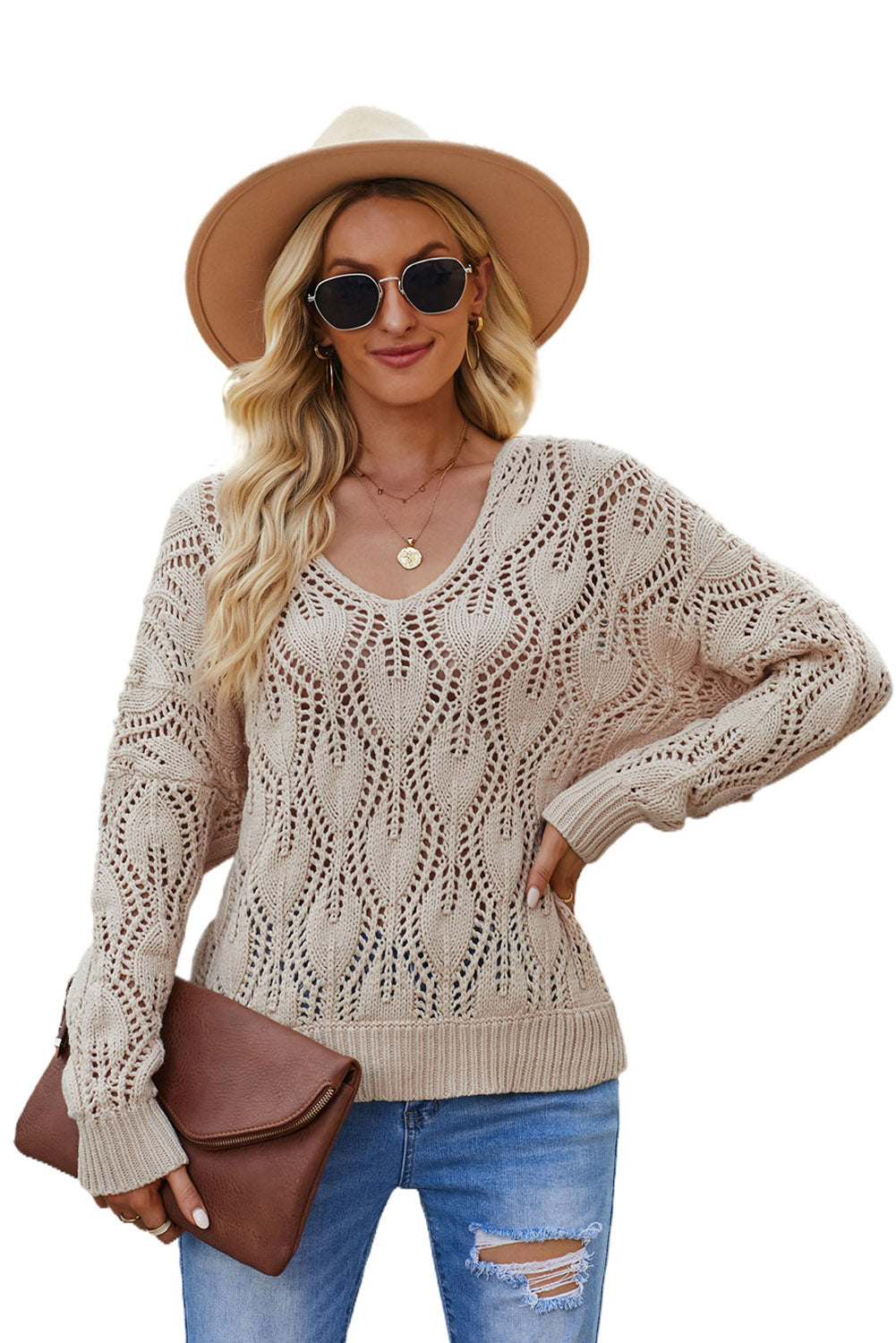 Apricot Crochet Knit Ribbed Hem Hollow-out Sweater Sweaters JT's Designer Fashion