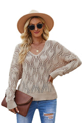 Apricot Crochet Knit Ribbed Hem Hollow-out Sweater Sweaters JT's Designer Fashion