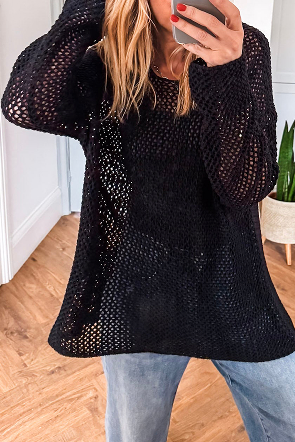 Black Crochet Hollow-out Jumper Top Sweater Black 100%Acrylic Sweaters JT's Designer Fashion