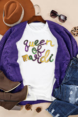 White queen of mardi Sequin Letter Graphic T Shirt Graphic Tees JT's Designer Fashion