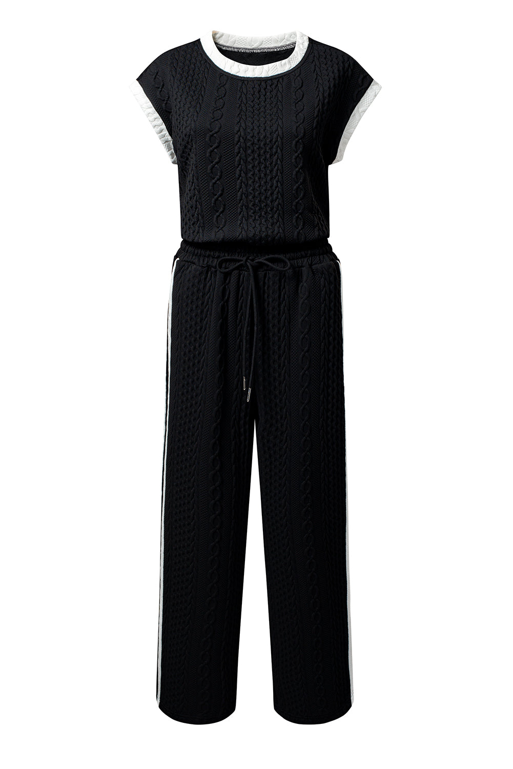 Black Cable Knit Contrast Trim Short Sleeve Top and Pants Set Pant Sets JT's Designer Fashion