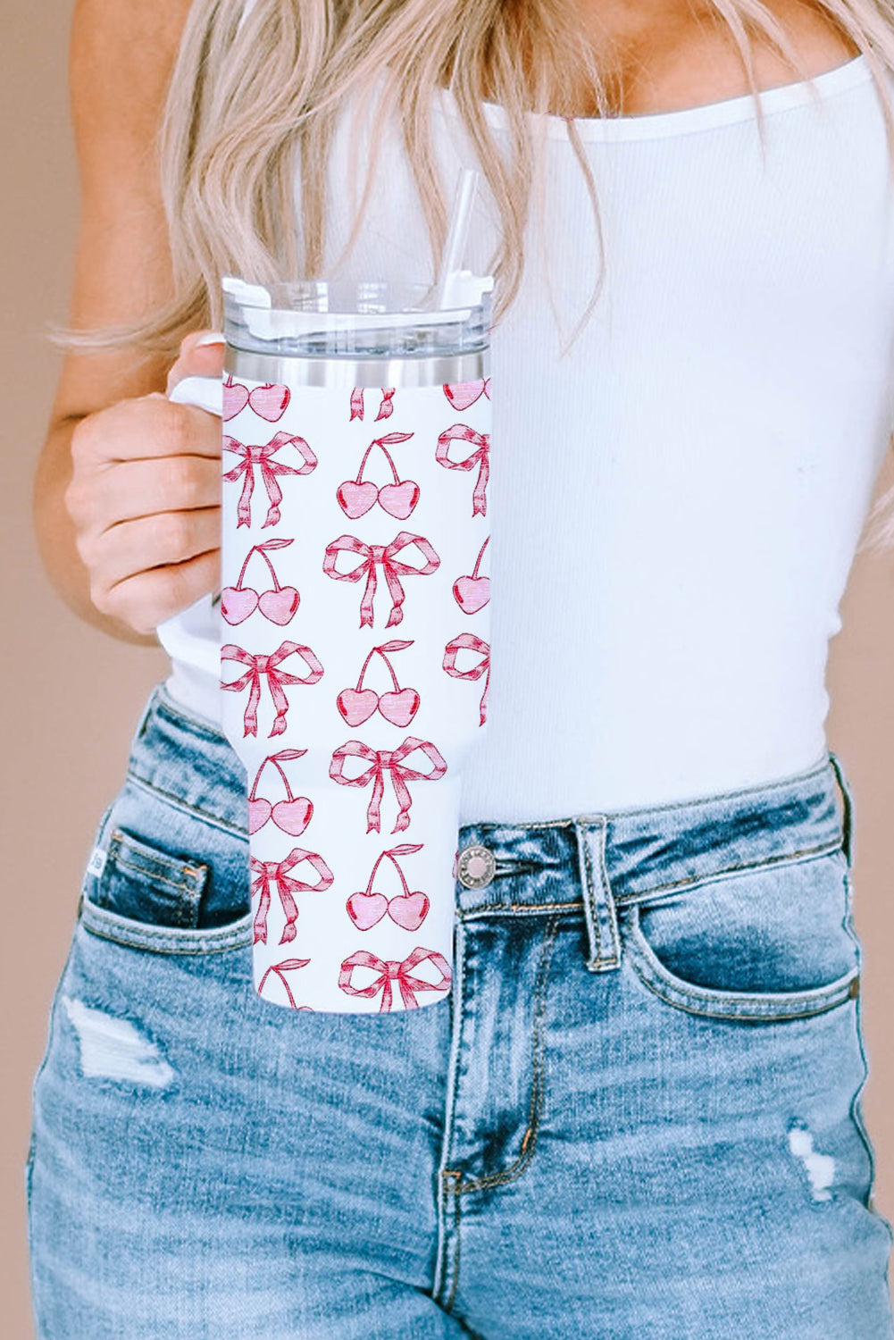 White Cherry Bowknot Stylish Large Tumbler with Handle 40oz Tumblers JT's Designer Fashion