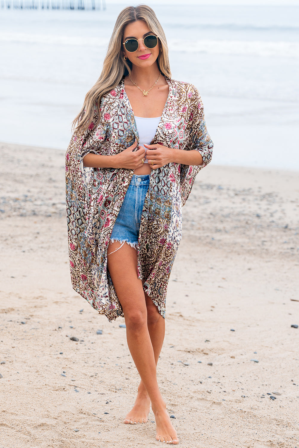 Apricot Floral Print Short Wide Sleeve Open Front Loose Kimono Kimonos JT's Designer Fashion