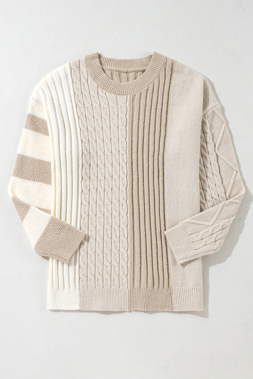 Khaki Cable Knit Colorblock Crew Neck Drop Shoulder Sweater Sweaters JT's Designer Fashion