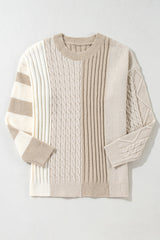 Khaki Cable Knit Colorblock Crew Neck Drop Shoulder Sweater Sweaters JT's Designer Fashion