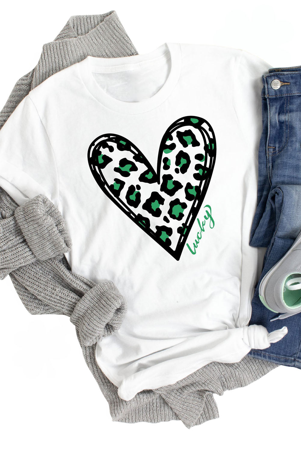 White Lucky Leopard Heart Print St Patricks Day T Shirt Graphic Tees JT's Designer Fashion