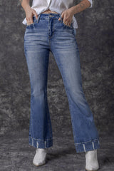Sky Blue Slight Distressed Medium Wash Flare Jeans Jeans JT's Designer Fashion