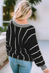 Black Colorblock Striped V Neck Knitted Loose Sweater Sweaters JT's Designer Fashion