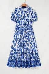 Blue Floral Puff Short Sleeve V Neck High Waist Maxi Dress Floral Dresses JT's Designer Fashion