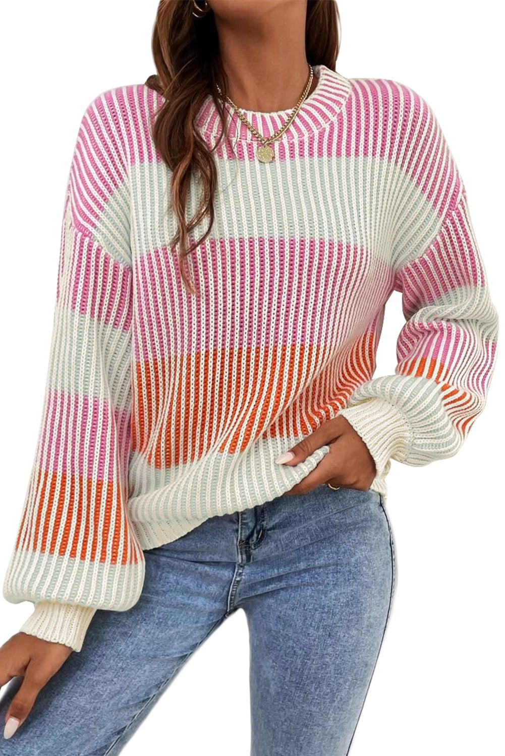 Pink Colorblock Textured Knit Bubble Sleeve Sweater Sweaters JT's Designer Fashion