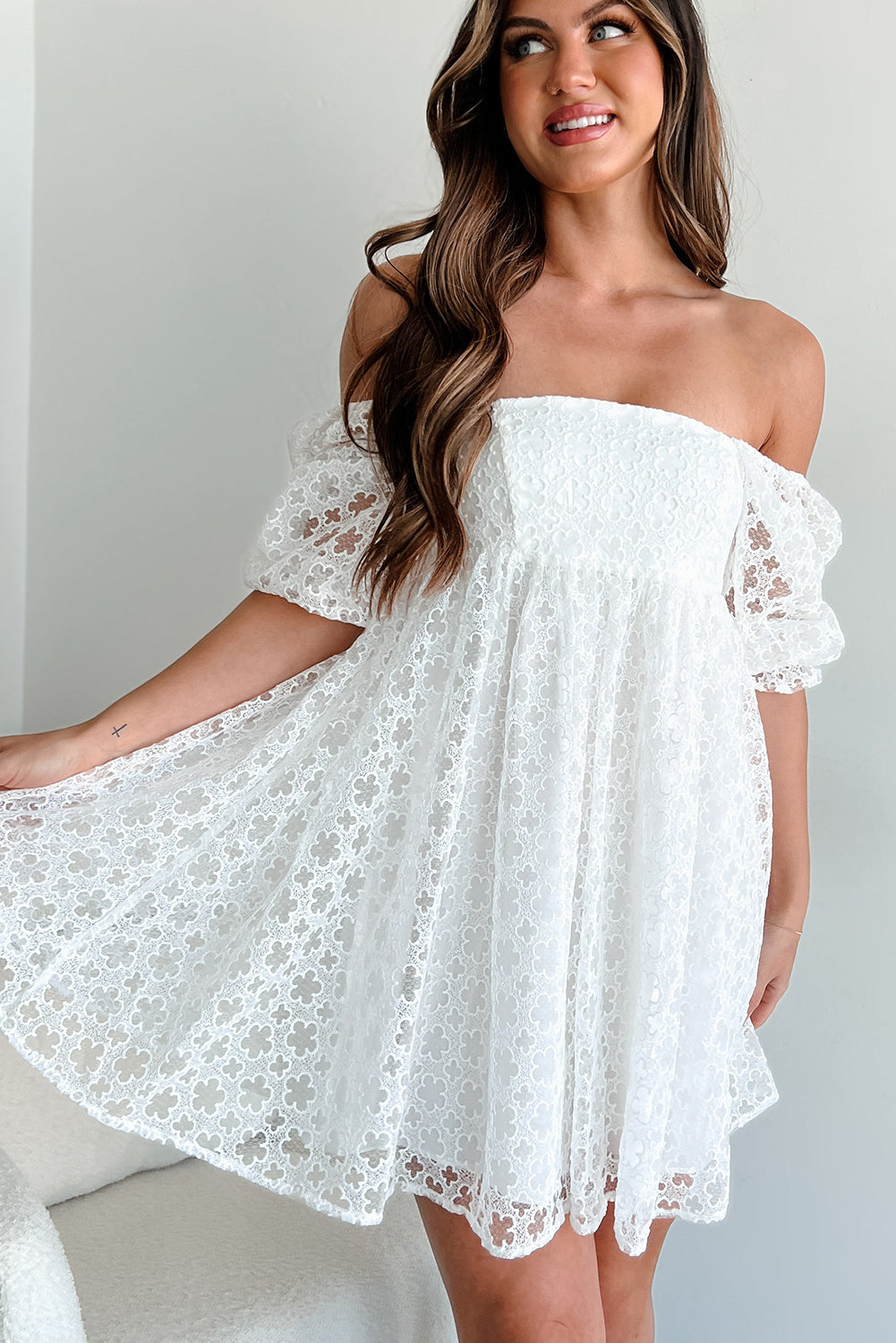 White Floral Lace Puff Sleeve Empire Waist Mini Dress Mini Dresses JT's Designer Fashion