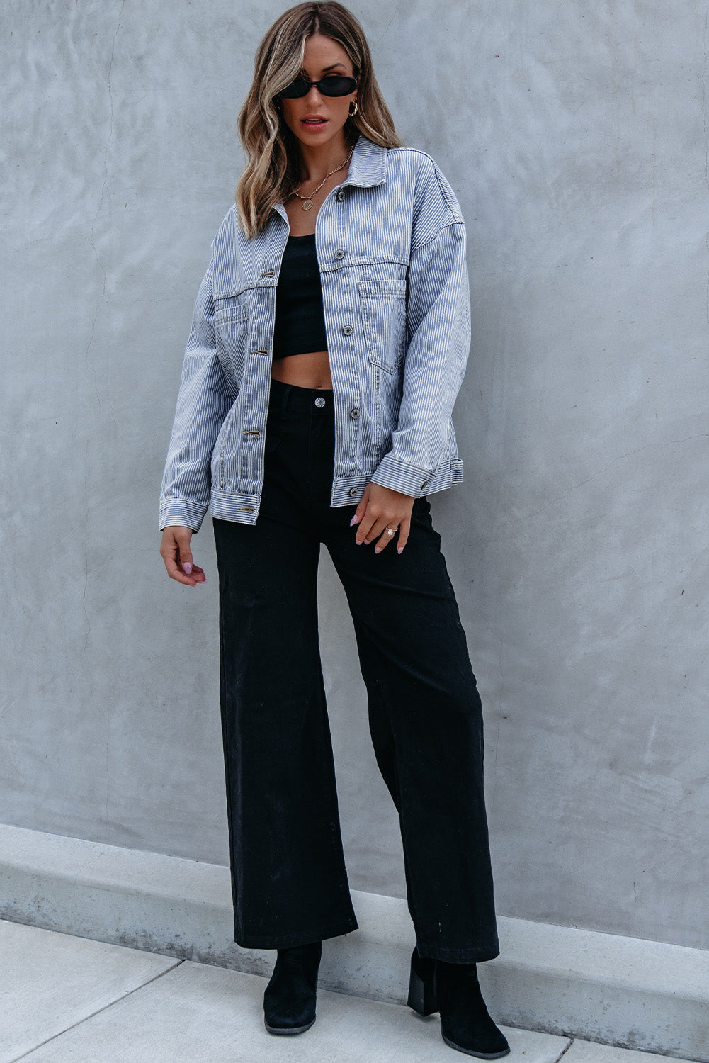 Sky Blue Stripe Washed Oversize Pocketed Denim Jacket Denim Jackets JT's Designer Fashion