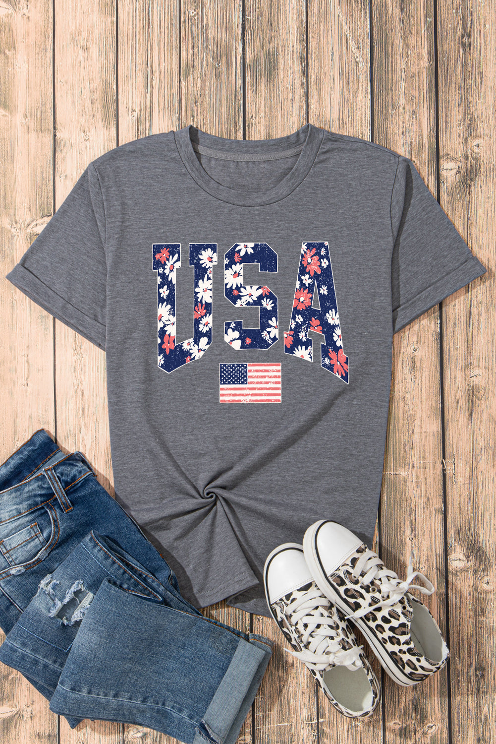 Gray Blooming USA Flag Print Casual T Shirt Graphic Tees JT's Designer Fashion