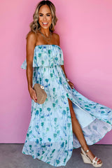 Green Floral Print Ruffled Side Slit Tube Top Maxi Dress Floral Dresses JT's Designer Fashion