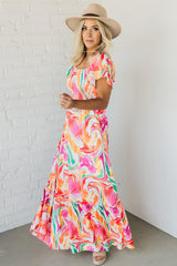 Pink Abstract Print Ruffled Sleeve Smocked Bust Long Dress Maxi Dresses JT's Designer Fashion